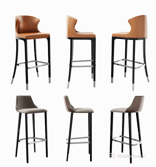 Modern Leather Bar Stools With Brown And Gray Seats And Black Legs Design 3d model 