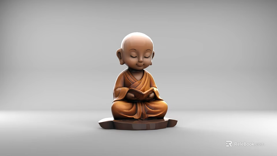 Wooden Little Monk Sculpture Sitting and Reading Book with Closed Eyes on Wooden Base 3d model 