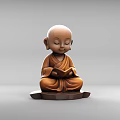 Wooden Little Monk Sculpture Sitting and Reading Book with Closed Eyes on Wooden Base