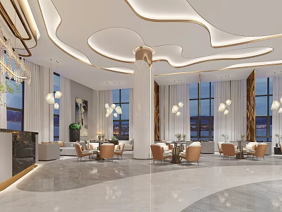 Elegant Hotel Lobby Interior With Curved Ceiling Large Windows Modern Pendant Lights And Marble Flooring 3d model