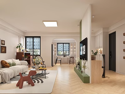 Modern Living and Dining Room Interior With Sofa Coffee Table TV Plants and Wooden Flooring 3d model