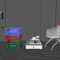 Commercial Retail Equipment Set with Cash Register Shopping Cart and Stacked Colorful Baskets