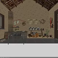 Traditional Chinese Interior Featuring Earth Walls Wooden Beam Ceiling Bamboo Containers Clay Jars Red Decorations