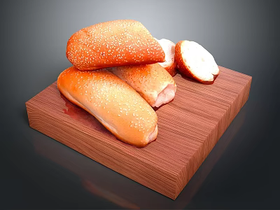 Fresh Sesame Seed Bread Rolls on Wooden Cutting Board with Sliced Pieces 3d model