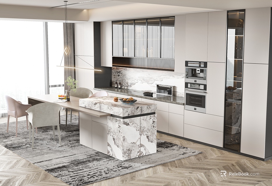 Modern White Kitchen Interior Design With Marble Island Dining Chairs And Pendant Lights 3d model 