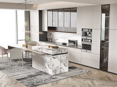 Modern White Kitchen Interior Design With Marble Island Dining Chairs And Pendant Lights 3d model