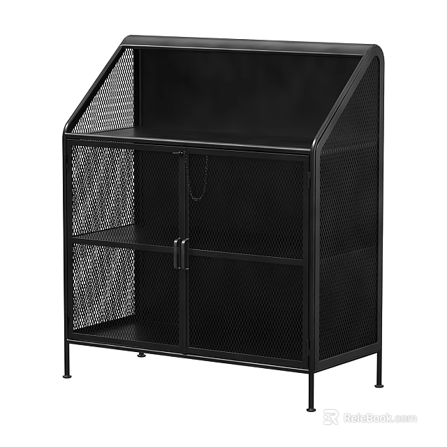 Black Decorative Cabinet with Metal Frame Mesh Panels Doors and Storage Shelves 3d model 