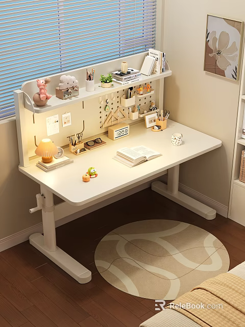 Modern White Height Adjustable Desk Set With Lamp Open Book Green Plants And Stationery 3d model 
