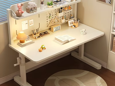 Modern White Height Adjustable Desk Set With Lamp Open Book Green Plants And Stationery 3d model