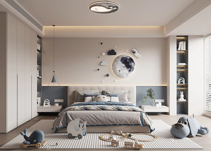 Modern Gray Tones Kids Room With Moon Decor Bed Bookshelf Rug And Toys 3d model 