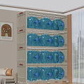 White Storage Cabinet With Multiple Shelves Holding Blue Water Bottles In Indoor Setting