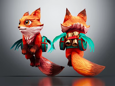 Two Fantasy Orange Red Fox Characters With Green Wings And Back Bell Decorations 3d model
