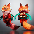 Two Fantasy Orange Red Fox Characters With Green Wings And Back Bell Decorations