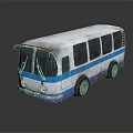 Old White And Blue Striped Bus With Rusted Body And Wheels Exterior