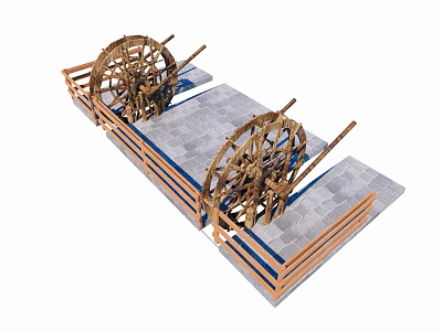 Traditional Wooden Water Wheels on Stone Slab Platform with Wooden Frame 3d model