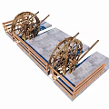 Traditional Wooden Water Wheels on Stone Slab Platform with Wooden Frame