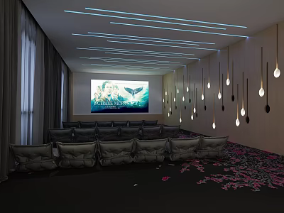 Modern Cinema Interior with Blue Linear Pendant Lights Comfortable Sofa Seats and Pink Petals 3d model