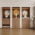 Wooden Buddhist Shrine Cabinet with Circular Decor and Buddha Statue in Minimalist Interior