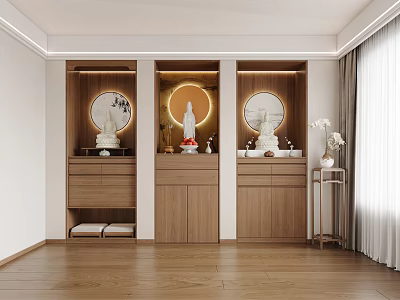 Wooden Buddhist Shrine Cabinet with Circular Decor and Buddha Statue in Minimalist Interior 3d model
