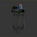 Blue Worn Edges Tabletop Stool With Metal Curved Pattern Legs And Red Blue Striped Thermos
