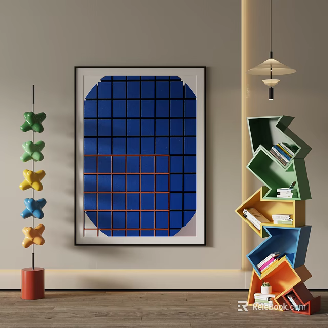 Blue Grid Artwork In Modern Interior With Colorful Decor 3d model