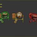 Three Red And Silver Concrete Mixers With Wheels And Orange Parts On Dark Reflective Surface