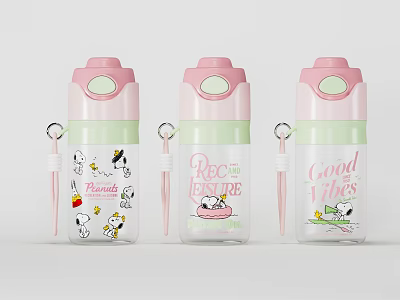 Cute Snoopy Peanuts Water Bottles With Pink Green Design And Good Vibes Recipe 3d model