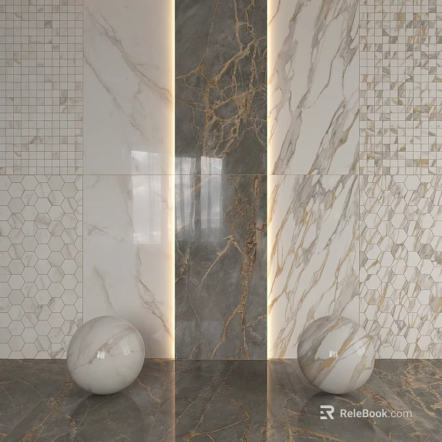 Luxurious Building Components With Marble Panels Hexagonal Tiles Integrated Lighting And Spherical Decorations 3d model