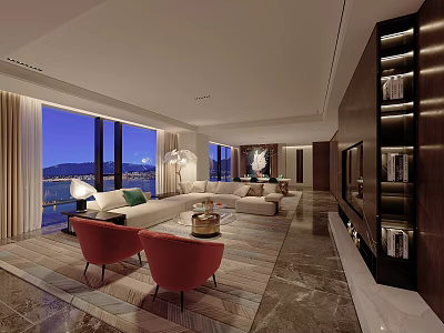 Modern Luxury Open Living And Dining Room With Stunning Sea View And Cozy Interior Design 3d model