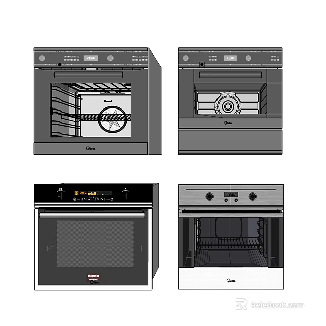 Modern Kitchen Appliances Showcasing Different Oven Designs With Control Panels And Interiors 3d model 