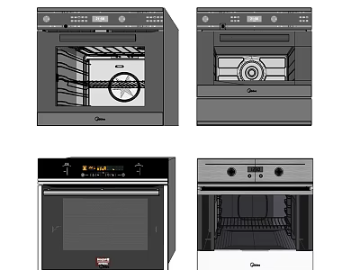 Modern Kitchen Appliances Showcasing Different Oven Designs With Control Panels And Interiors 3d model
