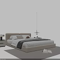 Modern Double Bed With Beige Headboard Gray Bedding Nightstand And Pendant Light