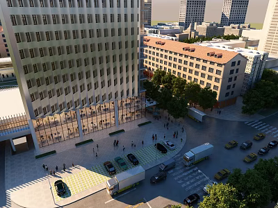 Bustling Urban Commercial Street Scene With Pedestrians Vehicles And Buildings 3d model