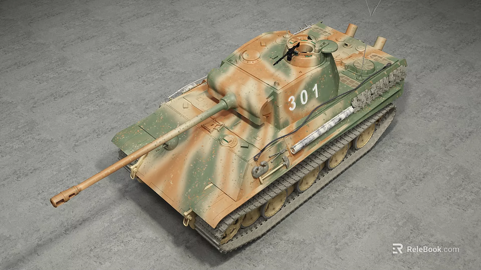 Military Tank With Camouflage Paint Number 301 Long Gun Barrel And Metal Tracks 3d model 