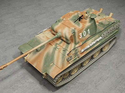 Military Tank With Camouflage Paint Number 301 Long Gun Barrel And Metal Tracks 3d model