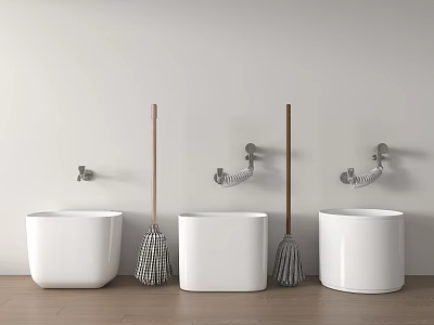 Three White Bathtub Bathroom Interior With Wall Mounted Faucet And Mop Beside Each Tub 3d model