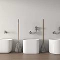 Three White Bathtub Bathroom Interior With Wall Mounted Faucet And Mop Beside Each Tub