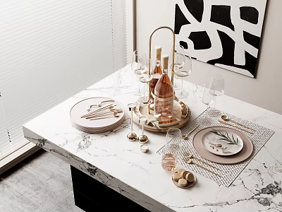 Elegant Tableware Set With Plates Wine Glasses Gold Tray And Nuts On Marble Table 3d model