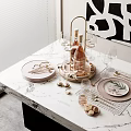 Elegant Tableware Set With Plates Wine Glasses Gold Tray And Nuts On Marble Table 3d model