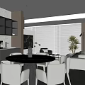 Modern Living and Dining Room With Round Table Chairs Sofa Vase And Roller Blinds