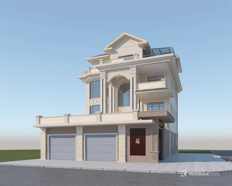 Detached Villa Exterior Design With Three Floors Garage Balconies Terrace And Light Facade 3d model 