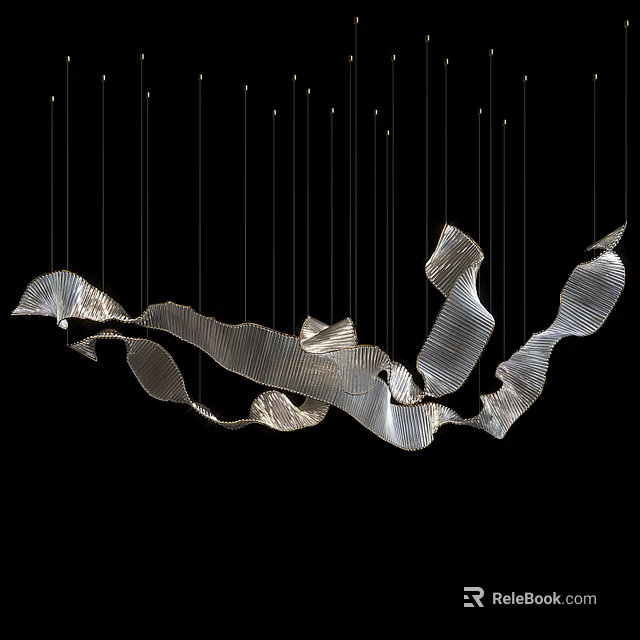 Modern Silver Metal Chandelier With Flowing Wave Design And Hanging Cables 3d model 