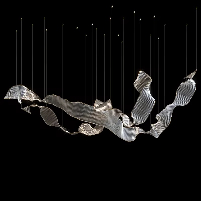 Modern Silver Metal Chandelier With Flowing Wave Design And Hanging Cables 3d model