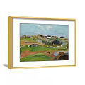 Two Landscape Paintings In Golden Frames Hung On Gray Textured Wall With Natural Scenery