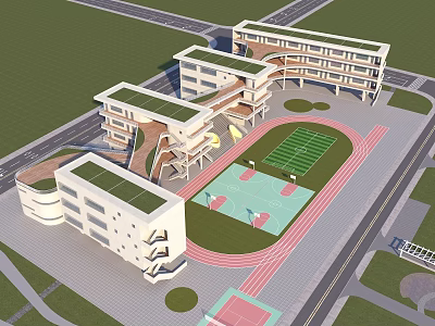 Modern School Building With Connected Structures Green Roofs Playground Track and Basketball Court 3d model