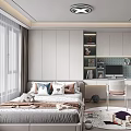 Modern Tatami Bedroom Interior With Built in Storage Bookshelves Study Desk And Window Curtains