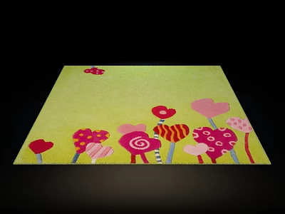 Green Square Rug with Cute Flower Patterns in Red Pink and Other Colors 3d model