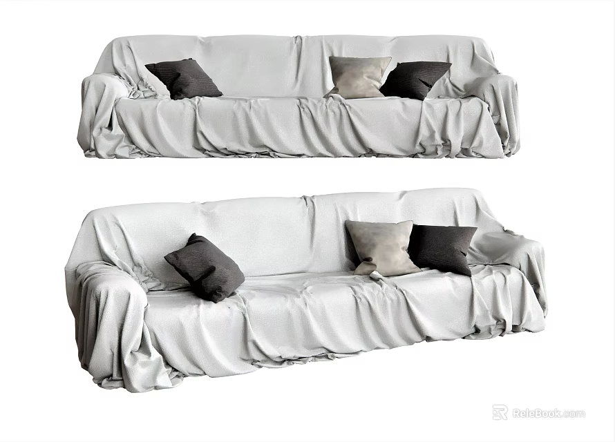 White Multi-seater Sofa Covered With Soft Sofa Cover And Decorative Pillows 3d model