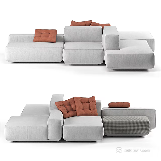 Modern Gray Sectional Sofa With Orange Decorative Cushions And Modular Design 3d model