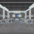 School Modern Classroom With Neatly Arranged Blue Chairs And Large Teaching Screen 3d model